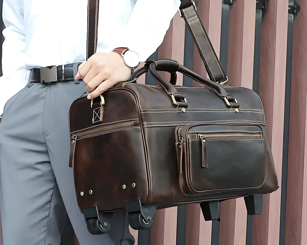 leather rolling carry on bag